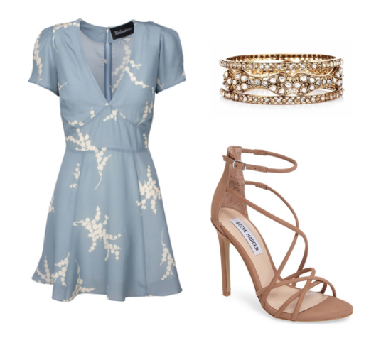 floral dresses and skirts,strappy sandals and glam gold bangles
