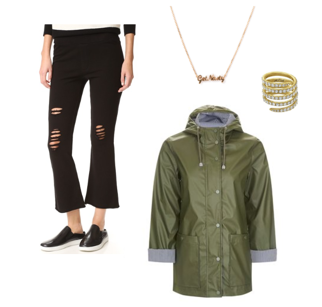 olive rain coat, black pants, gold jewelry, necklace and ring